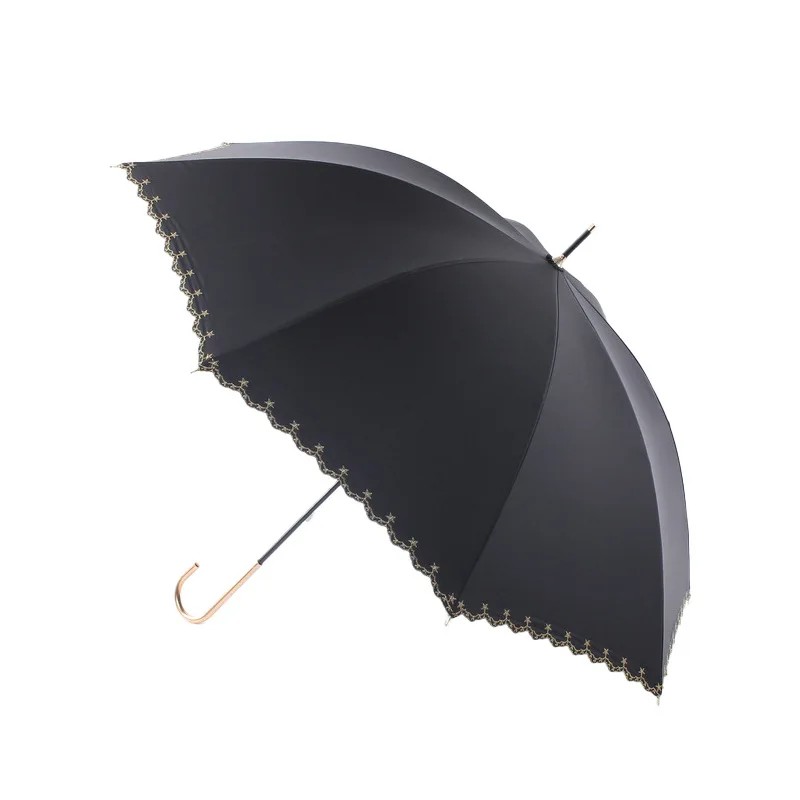 5 Star Embroidered Full Blackout Straight Handle Long Umbrella Sunshade Rain or Shine Umbrella Lady Japanese Style Umbrella