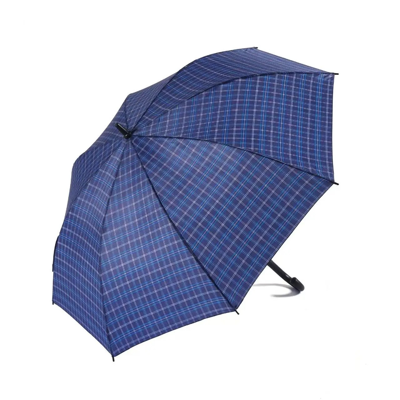 Custom Lattice Shape Golf Long Umbrella 27 Inch 8K Full Fiber Checkered Curved Handle Straight Rod Business Rainproof Umbrella