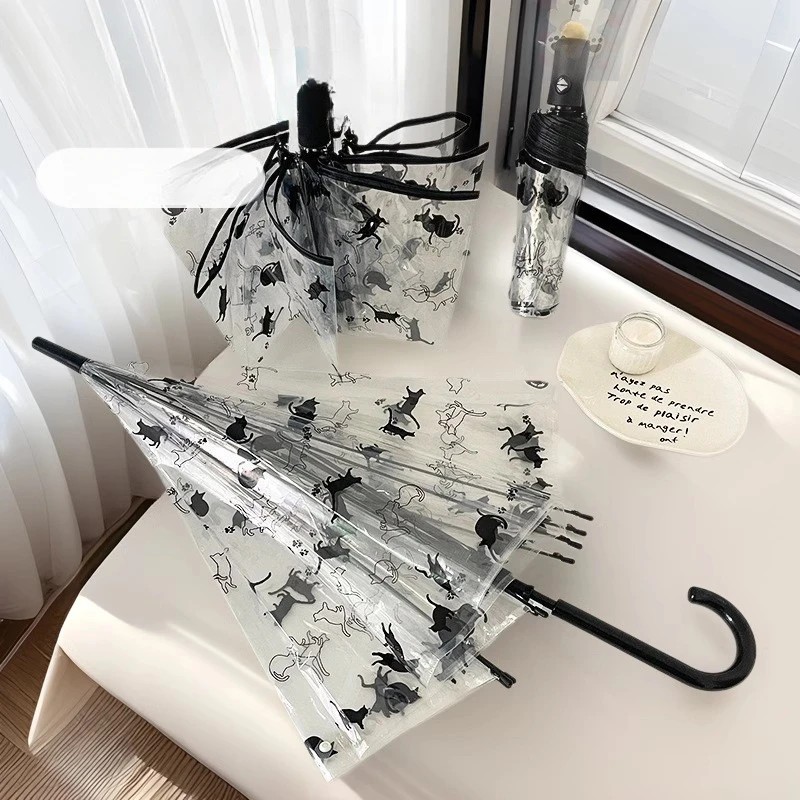 Cute Japanese Style Folding Transparent Long Handle Transparent Cartoon Creative Cat Dog Pattern Automatic Umbrella Wholesale