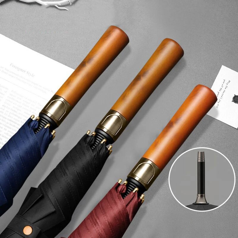 Wood handle automatic extra-large wind-resistant straight pole long-handled golf umbrella custom business gift wholesale
