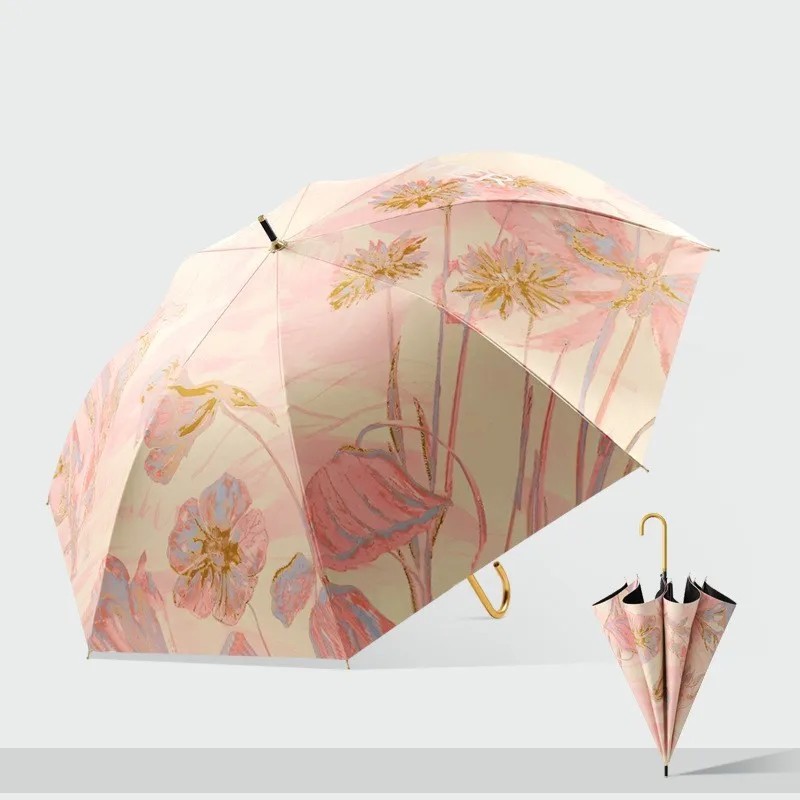 Straight Umbrella Black Coating Long Handle Sunshade Unisex Business Gold Small Handle Curved Dual-use Umbrella for Sun and Rain
