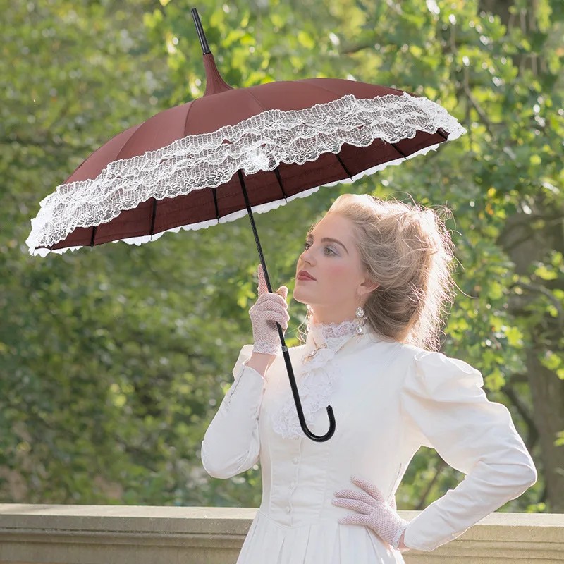 Aikeling Lotus French Pagoda Lace Edge Wedding Straight Rod Sunshade Sunscreen Rain Umbrella HH1008 Iron & Plastic Wholesale