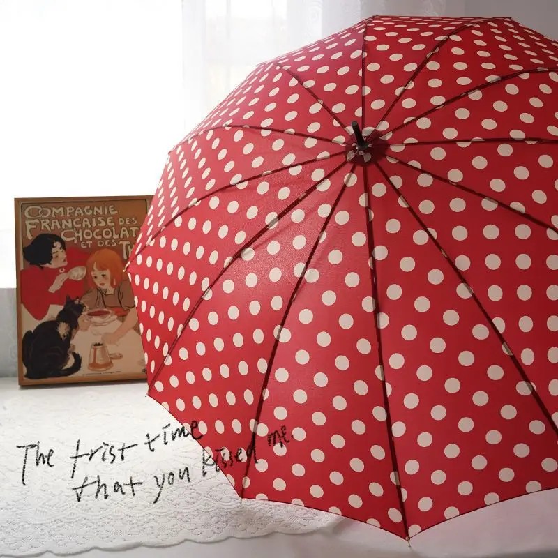 12k Korean Style Polka Dot Long Handle Automatic Straight Rod Reinforced Thickened Windproof Rainstorm Double Person Umbrella