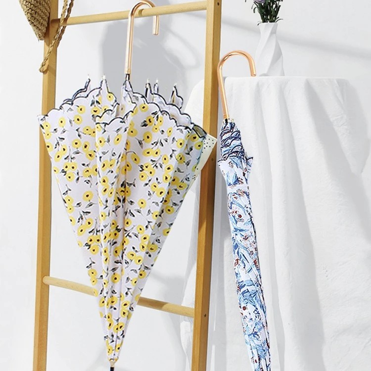New Style Fresh Floral Hook Retro Sun and Rain with Lace Edge Small Elegant Straight Handle Gift Umbrella Advertising Wholesale