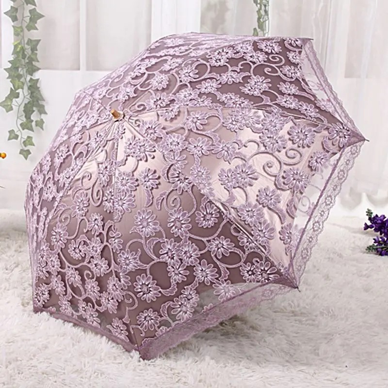 Lace Embroidery Double Layer Sun Protection Umbrella Foldable Rain Princess UV Protection Black Coating Sun Umbrella for Women