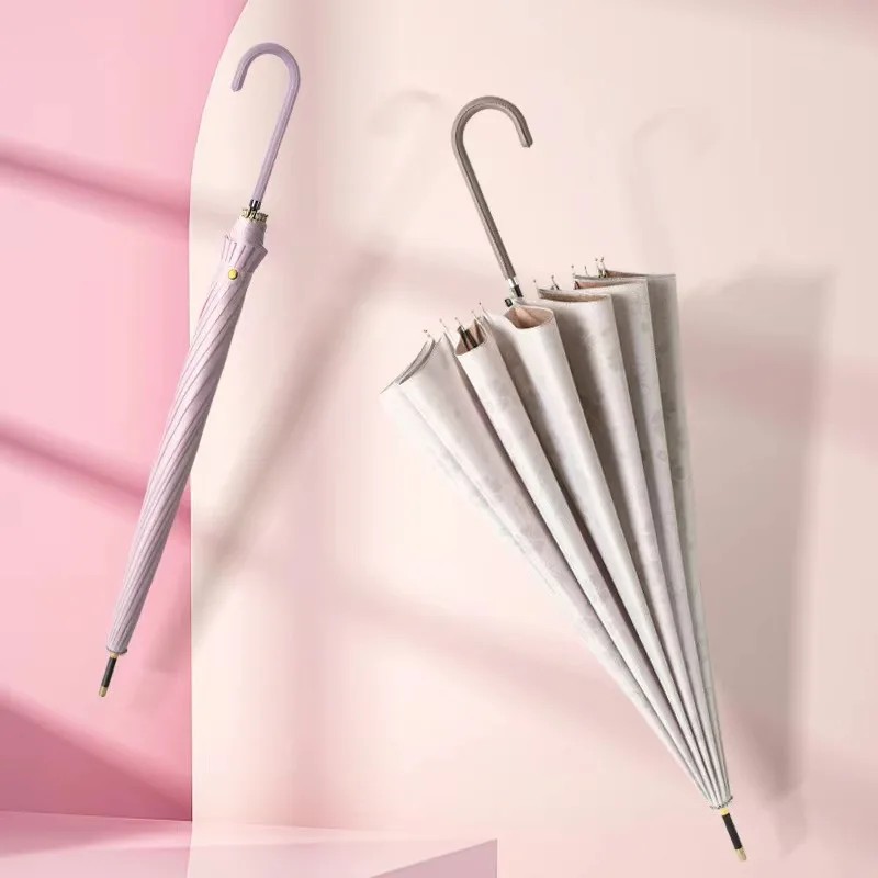 Long-handled Iron Umbrella Women Dual-use Sun Rain Straight Handle Wind-resistant Large Double-person Outdoor Petal Style
