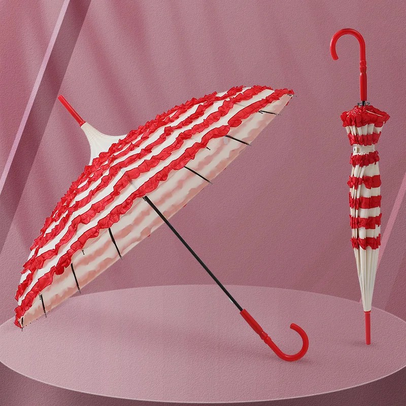 Factory Direct Supply Cross-Border Hot-Selling Lace Steel Pagoda Umbrella Long Handle Straight Rod Light Luxury Design for Sunny