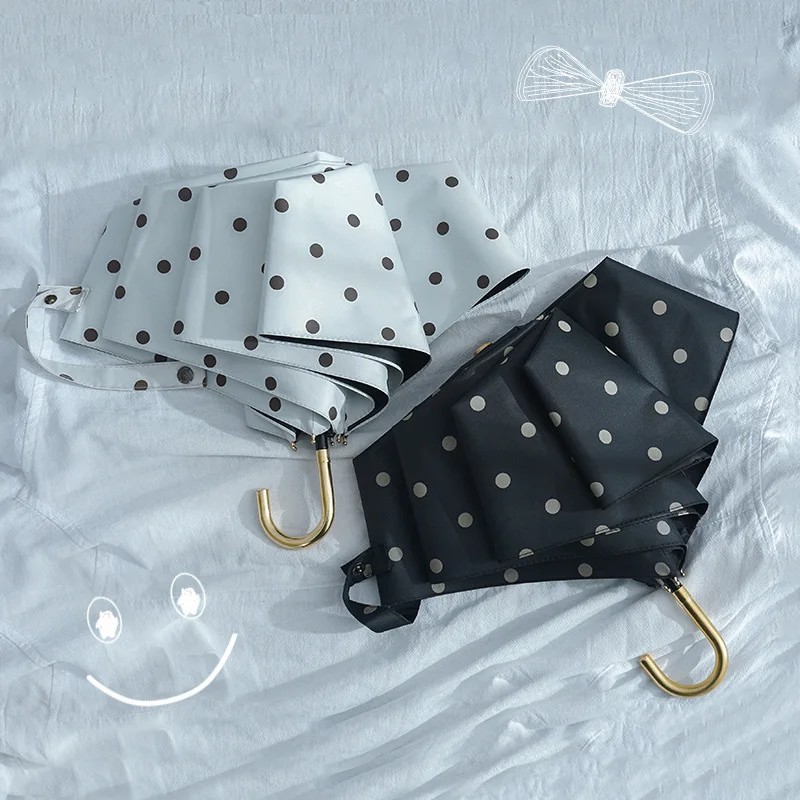 Japanese Retro Polka Dot UV Protection Sunshade for Women with Hook Dual-use for Sun and Rain Customizable Folding Umbrella