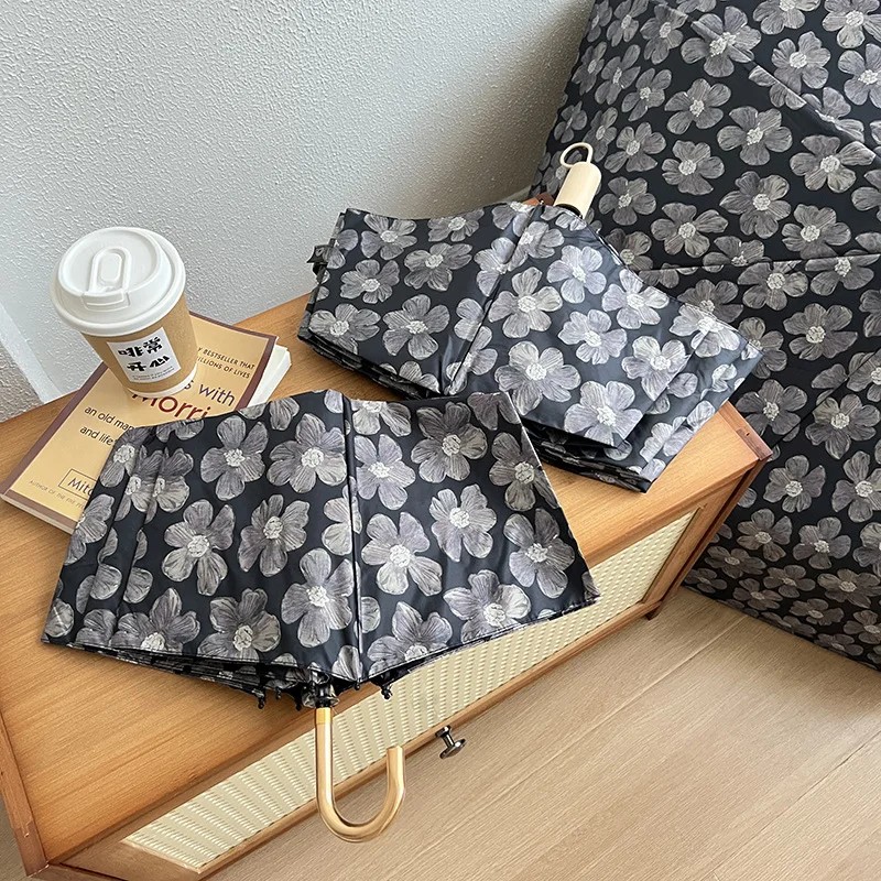 High-Value Aesthetic Black Floral Hook Sun Protection Three-Fold Folding Umbrella for Women Dual-Use for Sun and Rain Umbrella