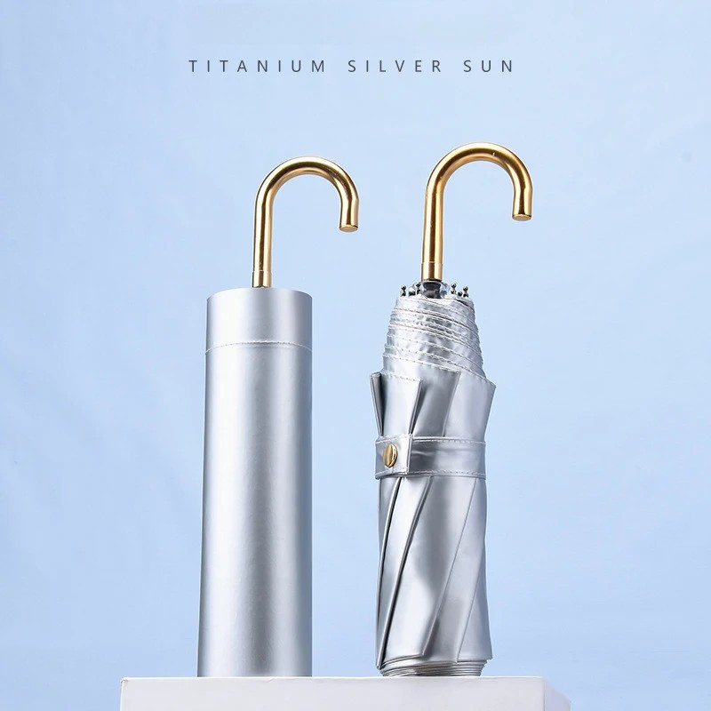Curved Handle Titanium Silver Coating Sun UV Protection Sunshade Curved Hook Dual Use Folding Umbrella Japanese Style for Women