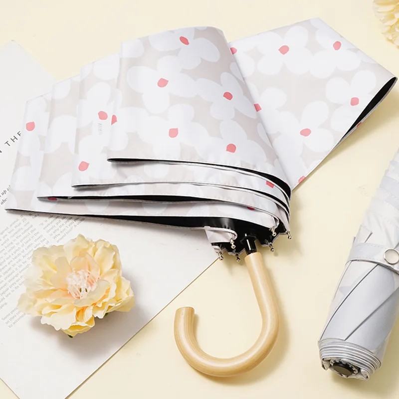 High-End Japanese Style Curved Hook Folding Umbrella for Women Black Coating UV Protection DualUse for Sun and Rain Fresh Design