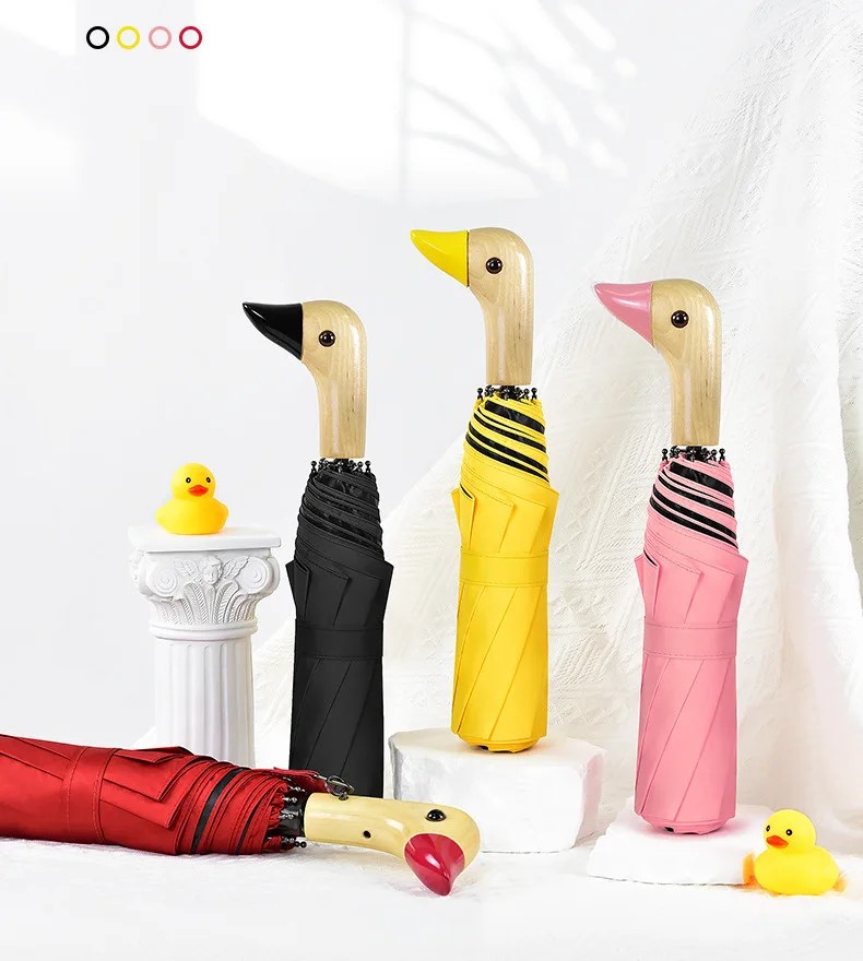 In Stock 3 Folding Duck Cute Umbrella Creative Wooden Handle Sun Protection Rain Dual-use Women's Black Glue Umbrella Black Glue