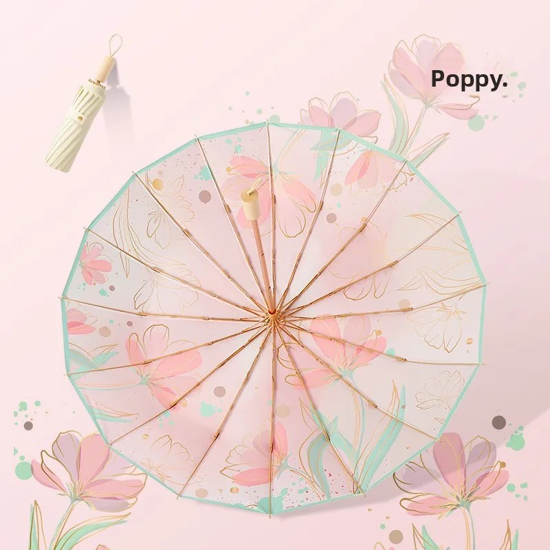 New Three-fold Manual Aluminum Fiber Solid Wood Composite Color Glue Breathable Windproof UV Protection Retro Sunny Rainy