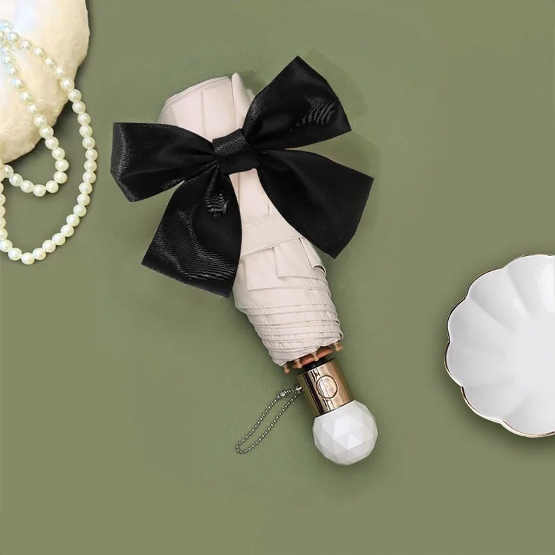 Solid Color Vintage High Aesthetic Value -Style Automatic Umbrella Bow Goddess Umbrella with 8 Ribs Sun & UV Protection