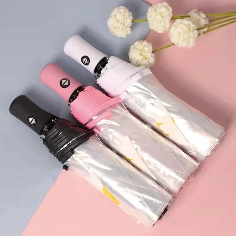 Transparent Thickened Automatic Folding Advertising Umbrella Custom Logo PVC Rubber Handle 8 Ribs-Business Gift Outdoor Sunshade