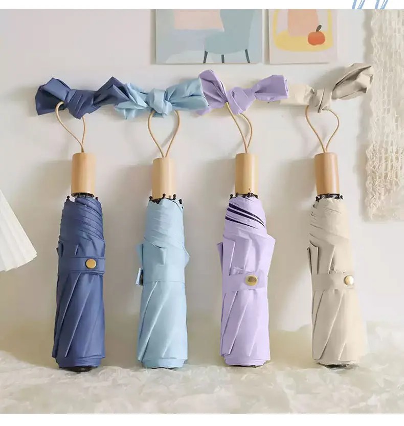 Simple Three-Folding Mini Sun Umbrella with Wood Grain Black Coating UV Protection High Value Student Folding Umbrella