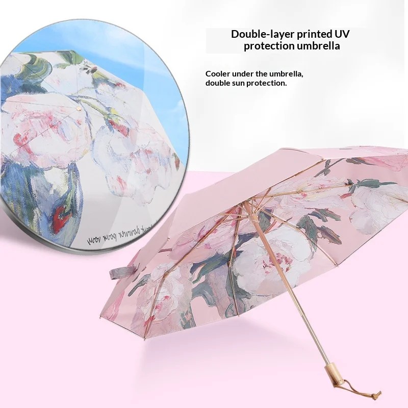 New Double-Layer Manual Sun Umbrella for Women 8 Ribs UV Protection Dual-Use for Sun & Rain Foldable Black-Coated Outdoor