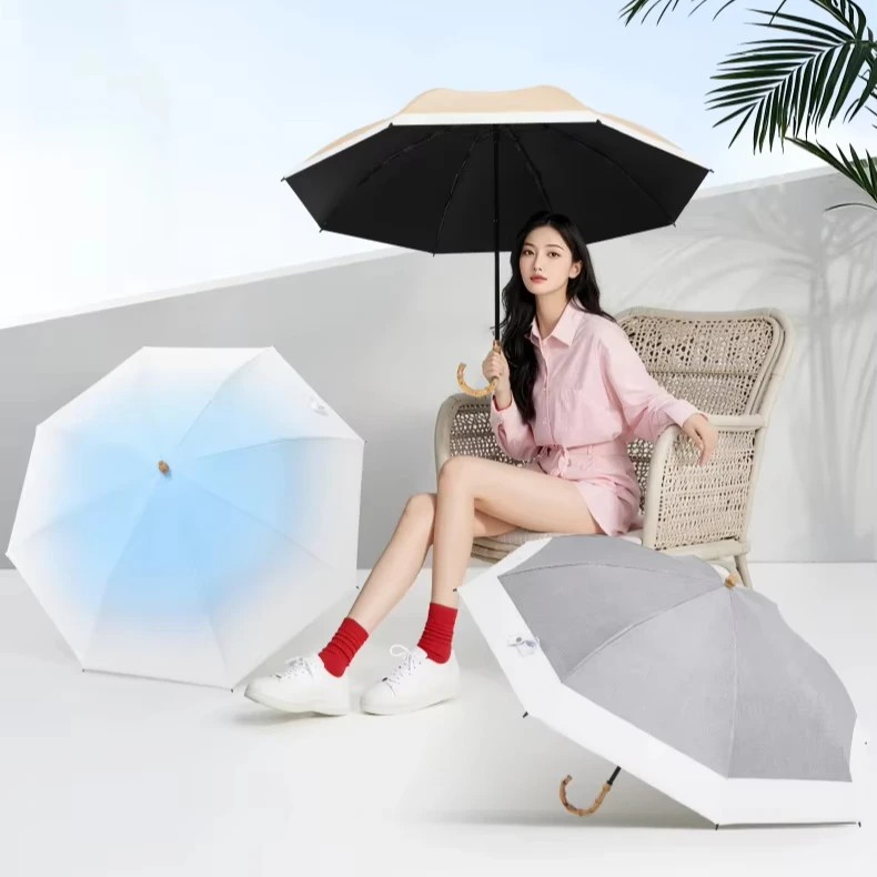 Portable Bamboo Handle Umbrella Dual-use for Sun and Rain Black Coating UV Protection Mini Umbrella Mini Curved Umbrella Women