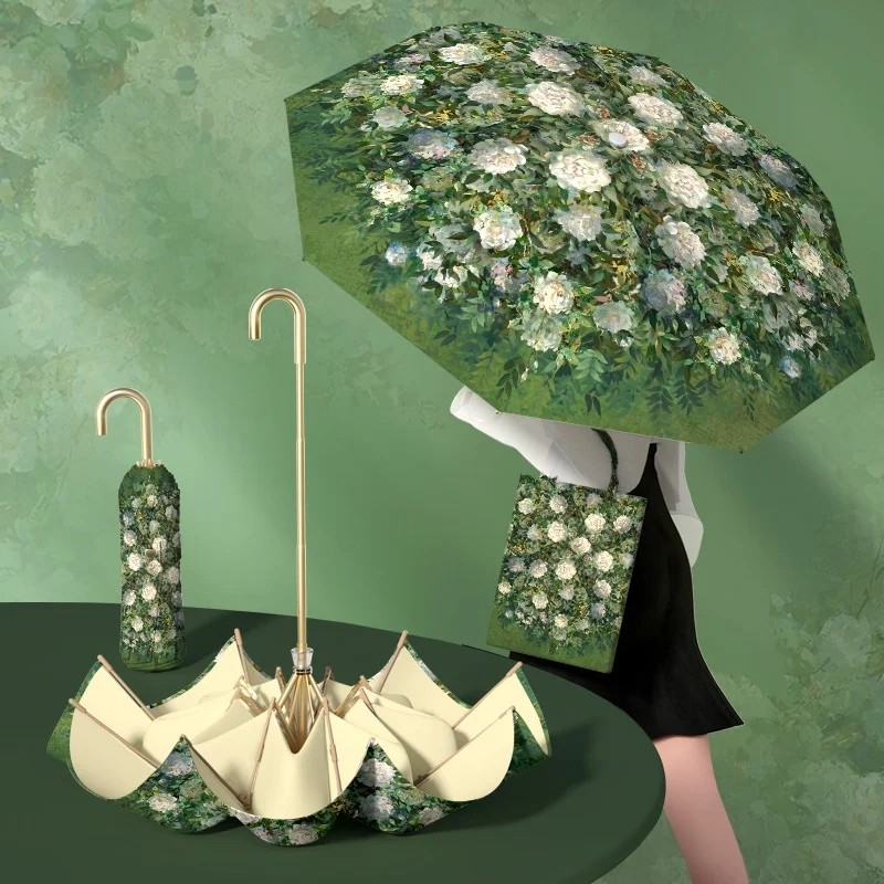 Multi Color Oil Painting Mini Compact Manual Sun Umbrella Dual-purpose Sun Rain UV protection Portable Sun-blocking Foldable
