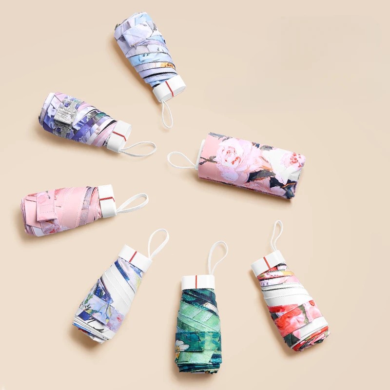 Multi Color Classic Design Six-Folding Mini Pocket Umbrella with White Handle 6K Ribs Flat for Card  Black Coating for Travel