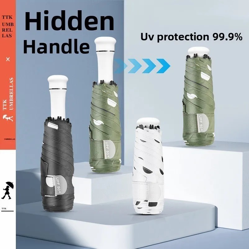 Umbrella in case Cloth Vintage Design 6 Ribs Retractable Handle Pocket Five-Fold Capsule Umbrella Portable Dual-Use Sunny Rainy