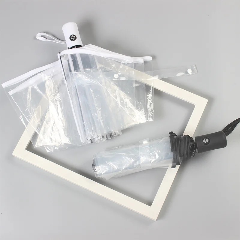 Transparent Umbrella Automatic Straight Handle Umbrella for Women Clear Rain Umbrella Cute 3 Folding Student Children Adult