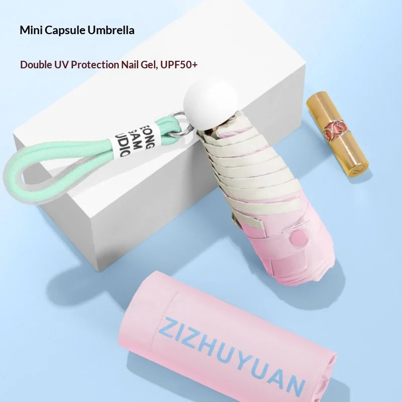 New Products Glue Sunscreen Capsule Umbrella Five-Fold Black Ultra-Light Mini Umbrella Alloy Plastic Materials Business Gift