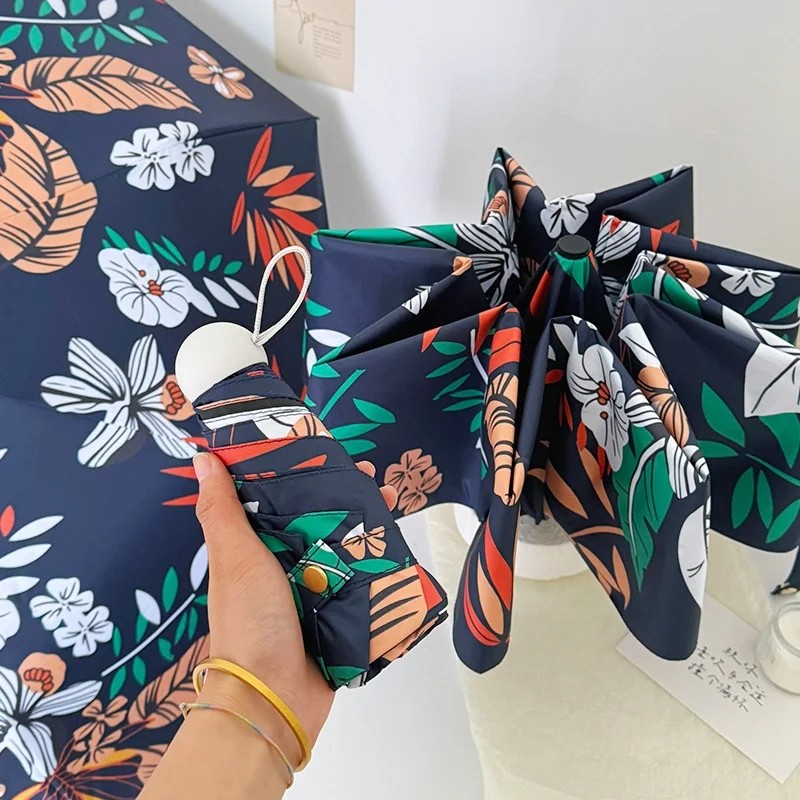 Multi Color Navy Blue Floral 8 Ribs Automatic Folding Umbrella Compact Portable Sun Protection Pocket for Women