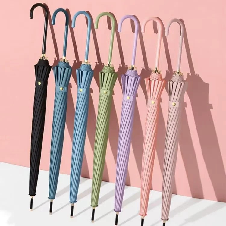 16-bone Small Fresh Style Long-handled Straight Manual Advertising Umbrella with Custom logo Wind-resistant Large Curved Handle