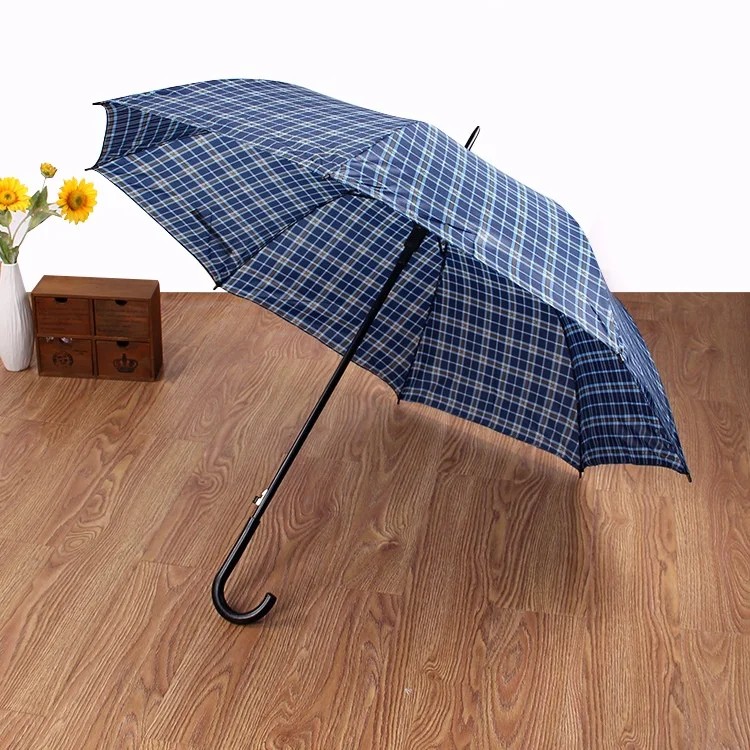 New Invented Products Manufacturer Wholesale Fashion Plaid Striped Straight Long-handled Curved Hook Umbrella Automatic Opening