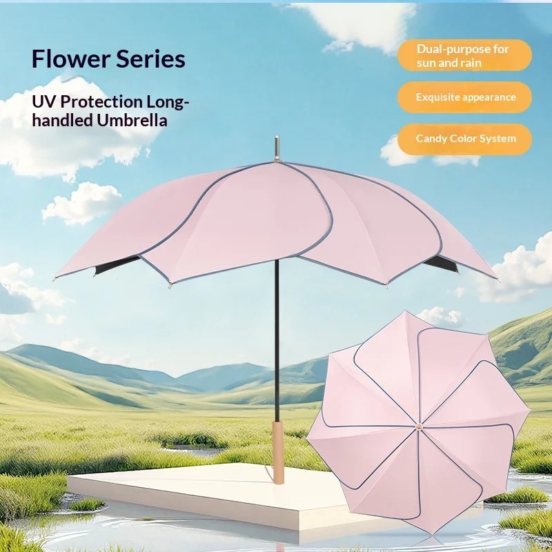 Reseller Products New Style Sun Rain Dual-use Straight Handle Vintage Petal Umbrella with Solid Wood Handle for Women Wholesale