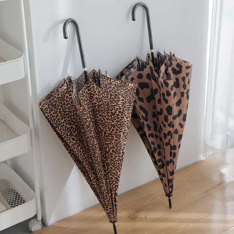 Metal Canopy 10K Retro Leopard Print Semi Automatic Sun Rain UV Protection Umbrella Long Handle Wholesale for Woman