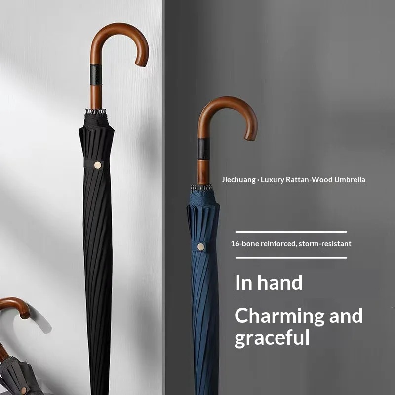 Sombrinhas Leather Solid Wood Curved Handle Long-Handled Automatic Umbrella 16 Reinforced Ribs Full-Fiber Double-Person Men's