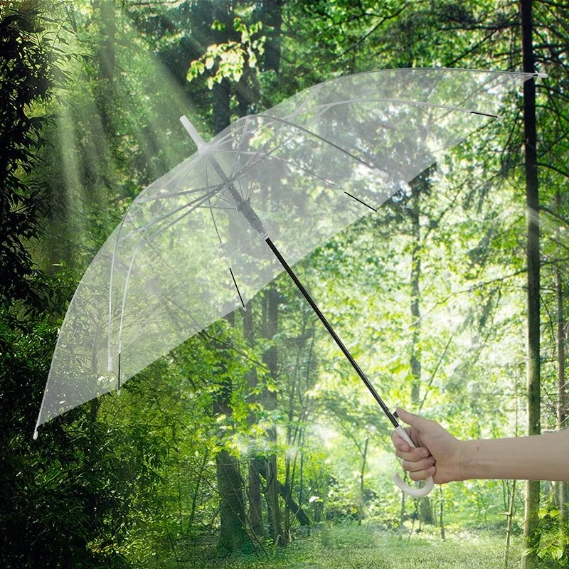 Clear Rain Umbrella Small Fresh-Style Transparent Advertising Umbrellas Curved Handle Straight Shaft UV Protection 8 Ribs
