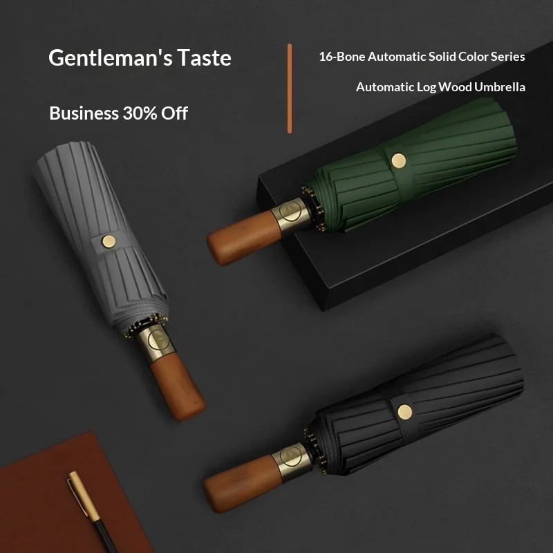 Antique Bronze Solid Wood Handle Automatic Umbrella Reinforced Wind Resistance 16 Ribs Business Gift Advertising Umbrella