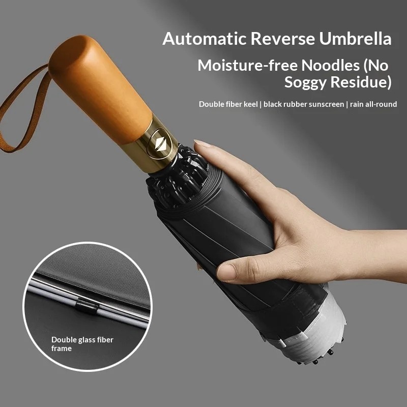 New Model Fully Automatic Reverse Folding Umbrella Solid Wood Handle Engraved Black Coated UPF 50+ Dual Bone Umbrella