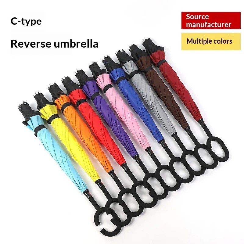 Car Double Layer Reverse C Shaped Handle Plain Color Straight Advertising Gift Umbrella UV Protection Modern Design Umbrella