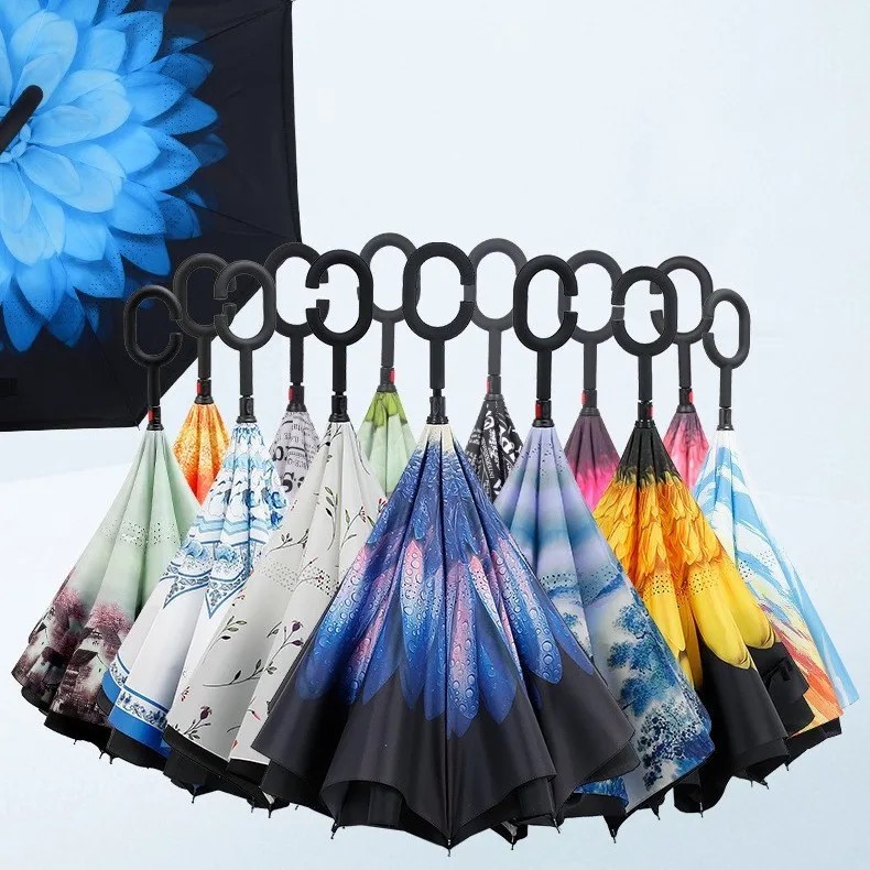 Long-Handled Straight Manual Reverse Design Gift Promotional Advertising Umbrella Logo Printing Stand Car Use UV Protection