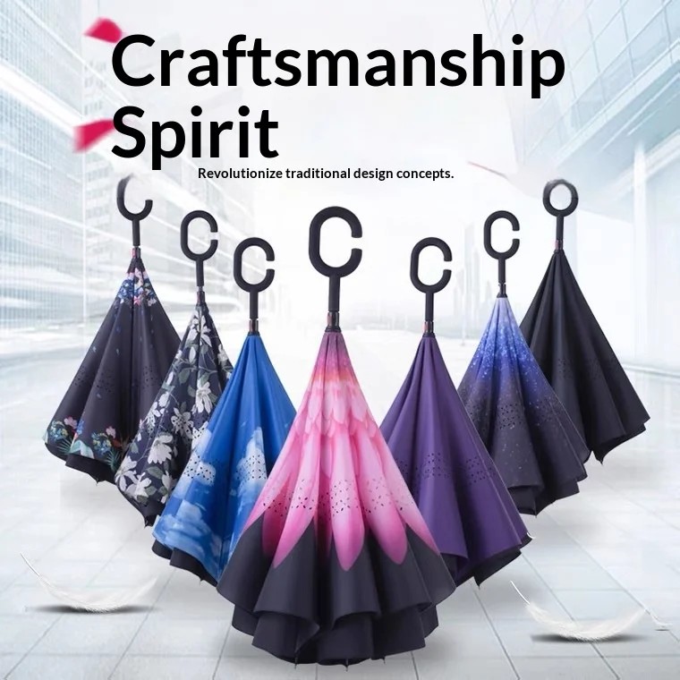 Modern Reverse Umbrella C-Type Hands-Free Double-Layer Straight Long-Handled Car Advertising Gift Printed Design UV Protection
