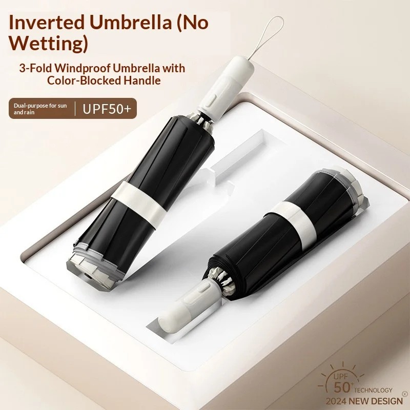 Full Automatic Large Folding Reverse Umbrella Wholesale Sunny Rainy Dual-use Black Punk Design Windproof Sunscreen UV Umbrella