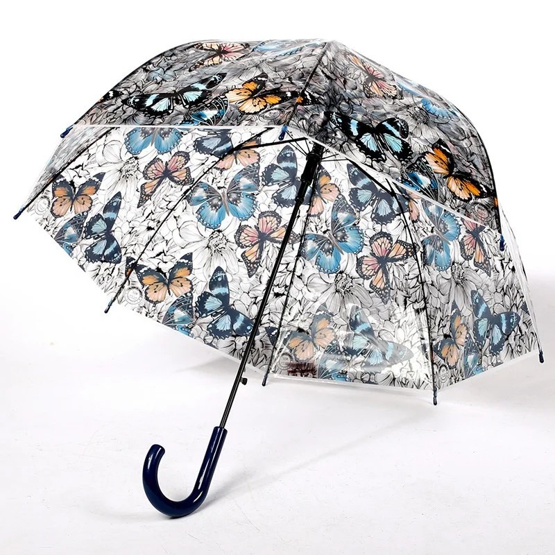 Arch Retro Transparent Women's Butterfly Printed Mushroom Umbrella Long Handle Semi Automatic Opening Protection Umbrella