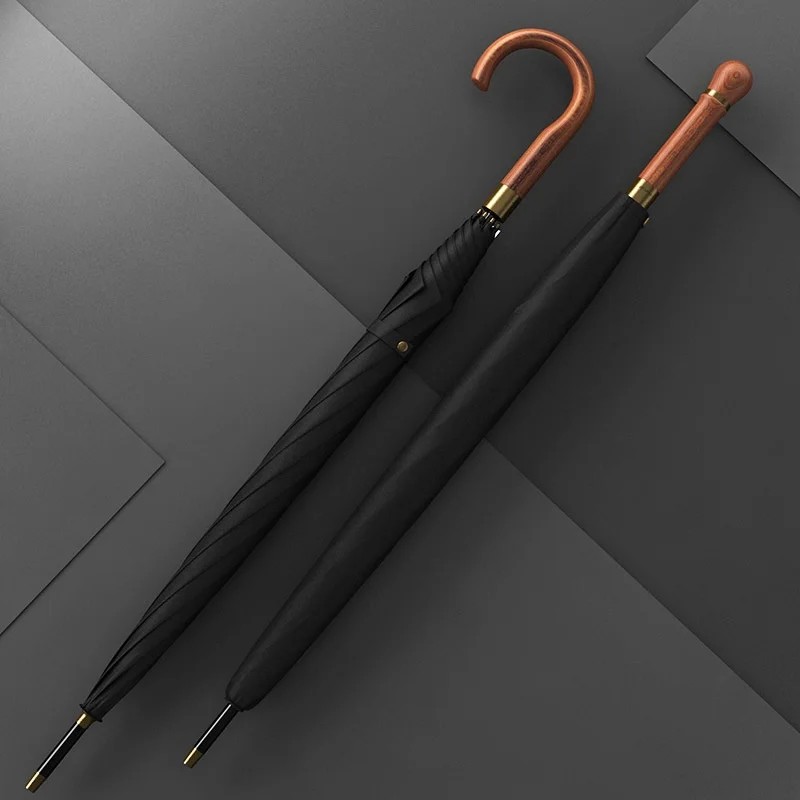 Business Gift Long-handled Umbrella Wooden Curved Handle Automatic Large Size Double Anti-wind Straight Rod Umbrella