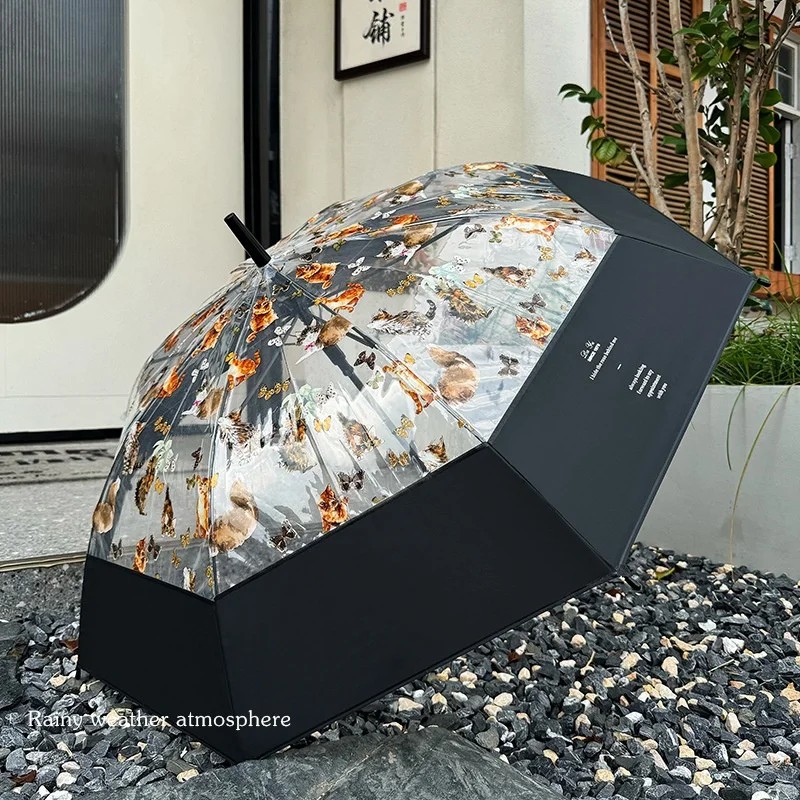 Best Selling NIS Style Japanese Retro Cat Long Handled Transparent Rain Gear Straight Rod Extra Large Reinforced Umbrella