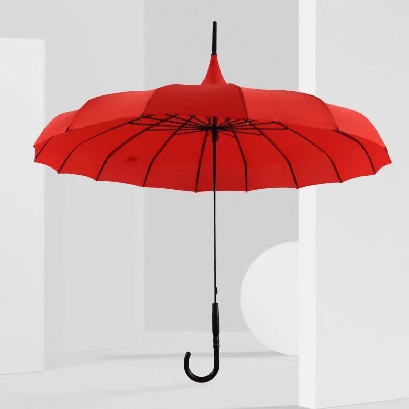Factory Direct Supply 16Rib Solid Color Pagoda Straight Rod Curved Handle Exquisite PU Leather Handle Poncho Sun Rain Umbrella
