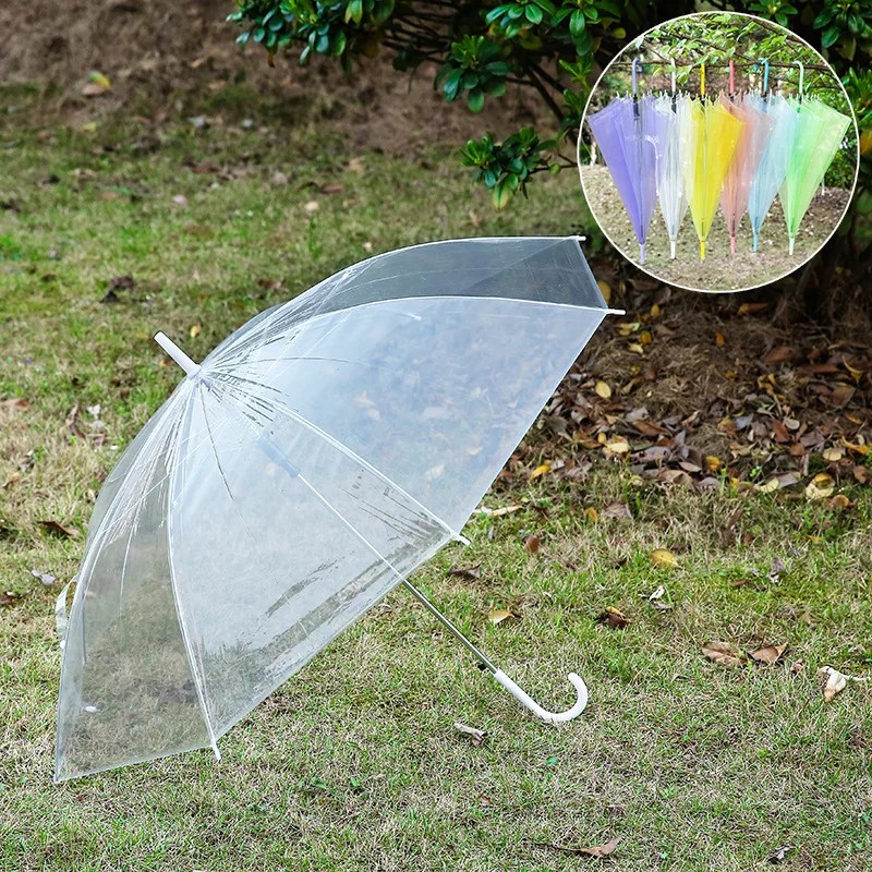 Creative PVC Transparent Umbrella with Logo Printing Disposable Eco Friendly Wholesale Colorful Straight Handle Long Umbrella