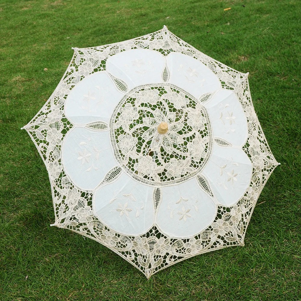 Lace Umbrella White Wooden Handle Dance Craft Decorative Performance Photography Embroidered Lace Fabric European Style Bridal