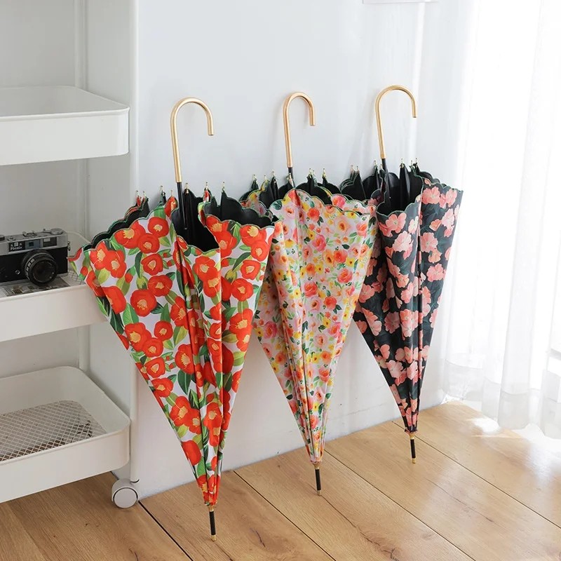 Japanese Style Fresh Simple Long Handled Aluminum Handle Light Black Coated Protective High Appearance Floral Pattern Umbrella
