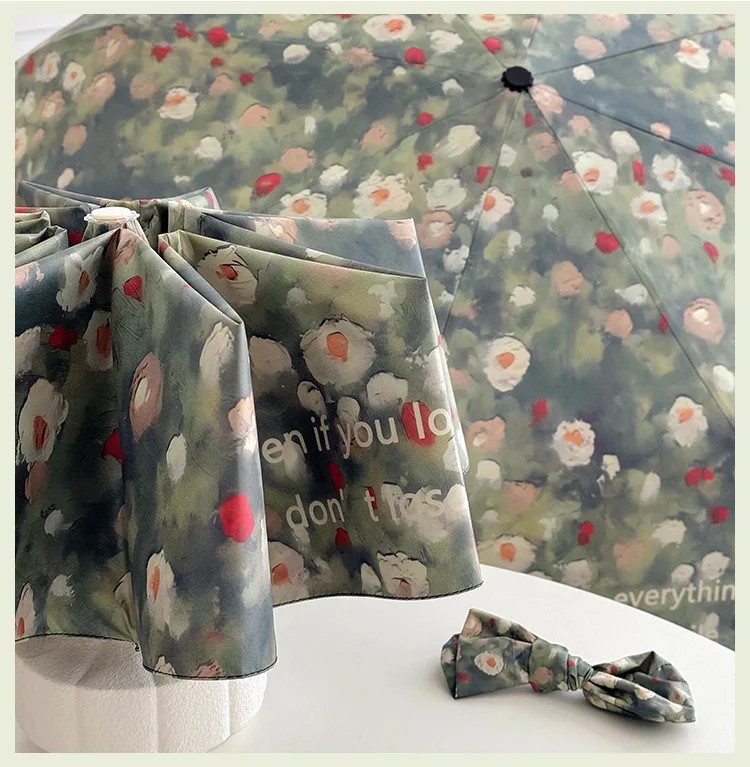 Oil Painting Umbrella Black Glue Automatic Umbrella Sun Protection Folding Digital Print Fresh Style Umbrellas Custom Pattern