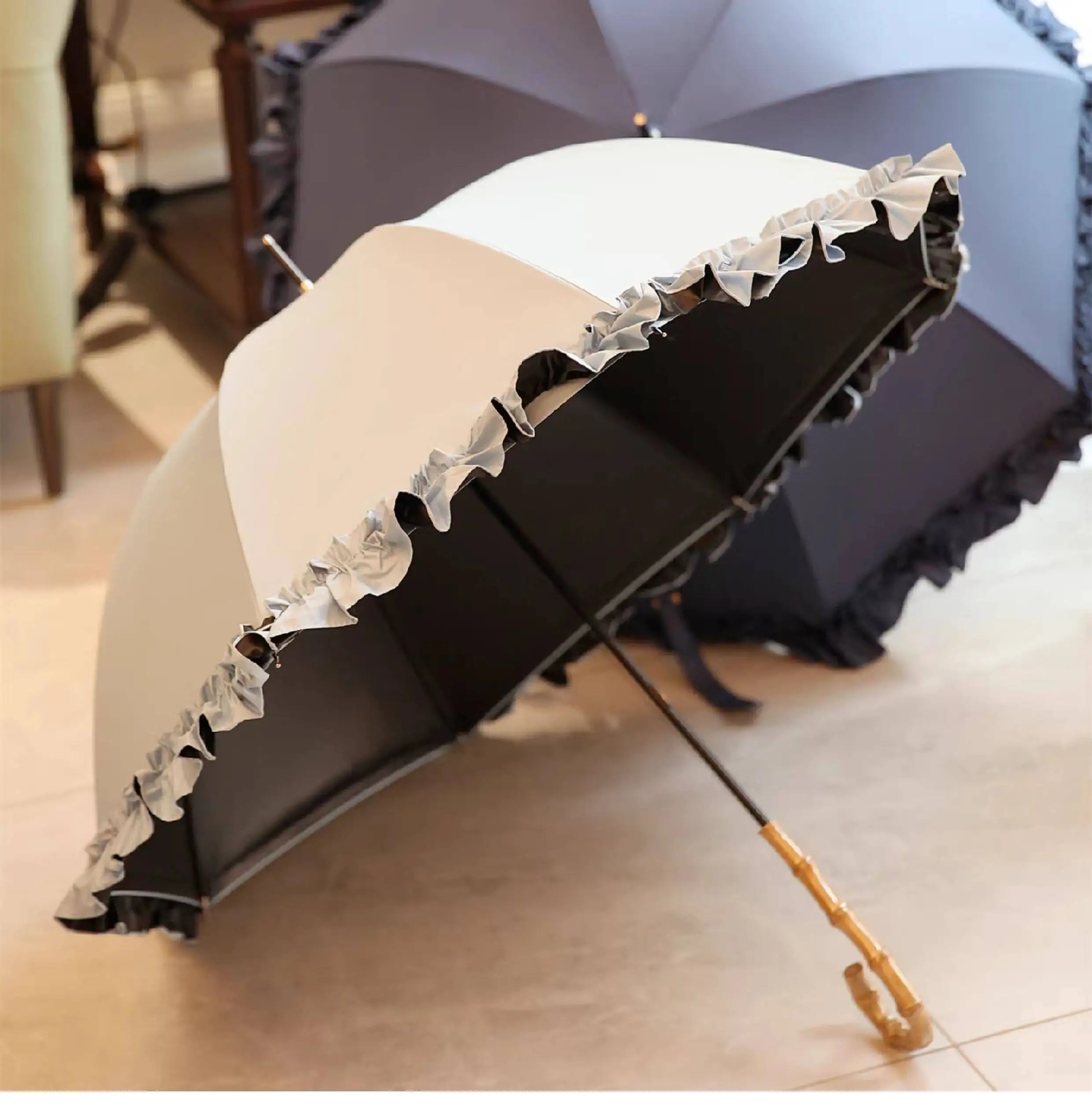 Princess Umbrella Black Coating Japanese Style Curved Handle Bamboo Joint Long Handle Skirt Edge Sun and Rain Umbrella Wholesale