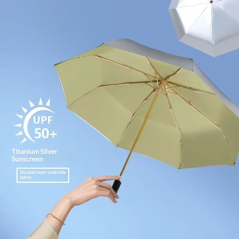 Titanium Silver Double-Layer Black-Coated Light Luxury Women's Foldable Sun Umbrella 8 Ribs UPF50+ UV Protection for Sunny Rainy